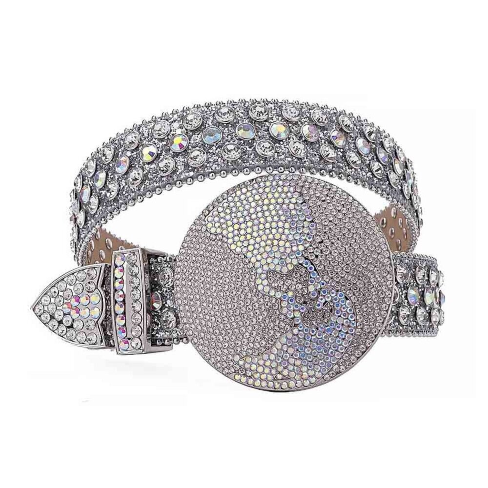 Globe Style World Buckle Silver White Strap With White  Multi Studded Rhinestone